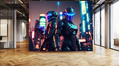 Robotic swat soldiers on a future city background. Robotic swat soldier team in futuristic tactical outfit armor and weapons standing on a science fiction background with glowing beam effect Wall mural