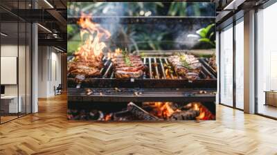 Rustic outdoor barbecue grill in use with flames and smoke rising. Wall mural