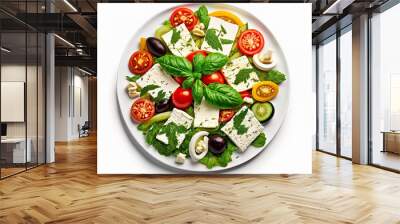 Salad with fresh veggies and cheese, isolated on a white backdrop. Grecian salad by using a clipping path. Generative AI Wall mural