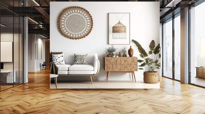 Scandi Boho style wall mockup in a simple white room with wooden furniture. Generative AI Wall mural