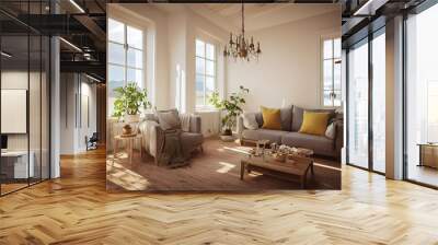 Scandinavian farmhouse living room interior, wall mockup, 3d render Wall mural