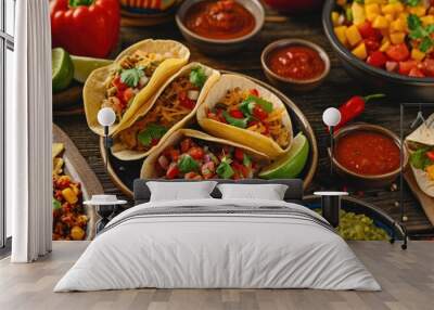 Selection of Mexican dishes: Taco, Guacamole, Fajita, Salsa, Tortillas, Nachos, Burrito, Pico de gallo. Wall mural