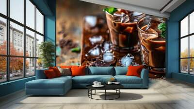 Selectively focused creamy sweet chocolate liqueur with ice. Wall mural