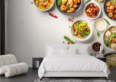 Set of Chinese dishes on a white surface with room for text Top down view of cuisine from China Wall mural