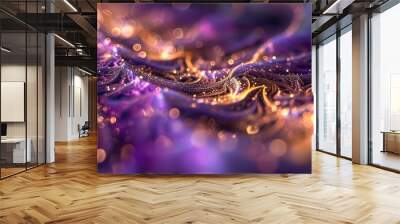 Shiny gold and violet particles in a fractal background. Computer-generated art. Wall mural