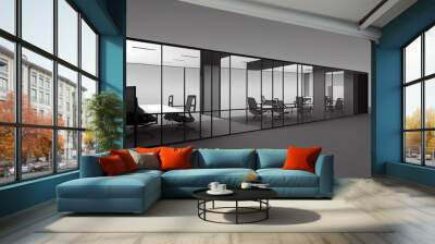 Side view on modern open space office with two isolated by glass walls workplaces. 3D rendering Wall mural