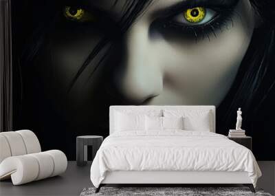 Sinister vampire girl with intense yellow eyes and fangs. Wall mural