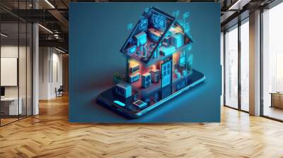 Smartphone screen with smart home technologies on a blue backdrop. Internet of things isometric conceptual image. Digital Residence utilizing a mobile phone's fingerprint to get access to IOT systems Wall mural