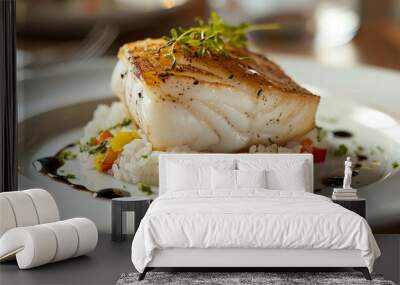 Smoked halibut served on rice, on a white plate. Wall mural