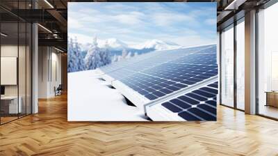 Snow-covered solar panels. PV installation on house roof in winter on sunny day. Alternative PV energy. Low performance in cold. Wall mural