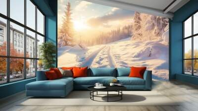 Snow covered winter scenery with the sun shining on the natural landscape Wall mural