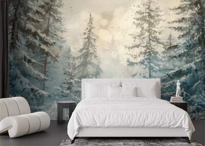 Snowy Forest Scene with Frost Covered Spruce Branches Wall mural