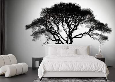 solitary tree silhouette on a white background. Generative AI Wall mural