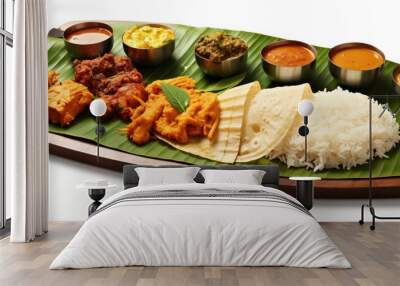 South Indian cuisine served on banana leaf With copyspace for text Wall mural