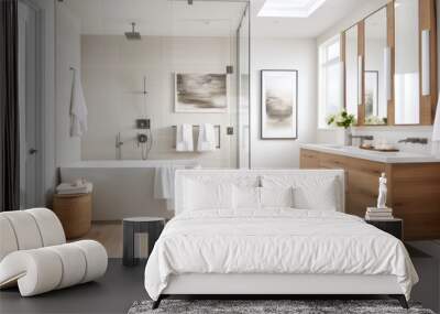 Spacious bathroom with a freestanding tub and glass shower, featuring wooden cabinets and white tile. Wall mural