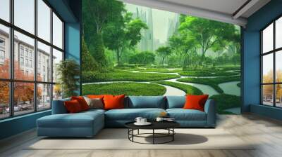 Spectacular eco futuristic cityscape full with greenery, skyscrapers, parks, and other manmade green spaces in urban area. Green garden in modern city. Digital art 3D illustration. Wall mural