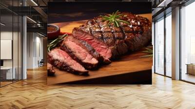 Spiced medium rare steak on wooden board Wall mural