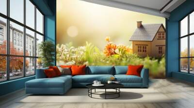 Spring background with a tiny toy house symbolizing family mortgage construction rental and property concepts Eco friendly home design template with space for copy Wall mural