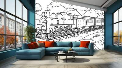 Spruce up the cartoon 2d of a train coloring page to add more charm and vibrancy Wall mural