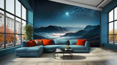 Star studded night sky visible through the mist in a mountain valley. Beautiful scenery with foggy hills and a clear night sky. Use of the word night to connote a mystical and astronomically signifi Wall mural