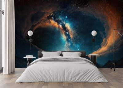 Starry night sky as an abstract background. Milky Way galaxy with stars in the background of a panoramic vista from outer space.Generative AI Wall mural