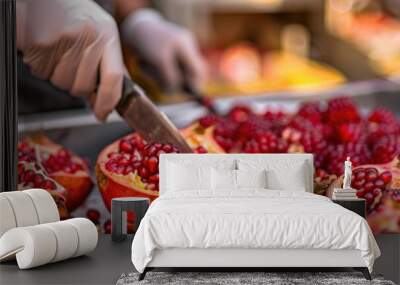 Street food vendor cutting ripe pomegranates to showcase bright red seeds for juice preparation. Wall mural