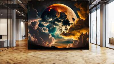 stunning moonlight, a dramatic sunset, and a starry night sky with a planet. Generative AI Wall mural