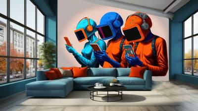 style neutral faceless Cyber gamers use their phones to access social media, play games, and read the news. In a futuristic orange, blue, and technology themed helmet, the zombie is holding a modern s Wall mural