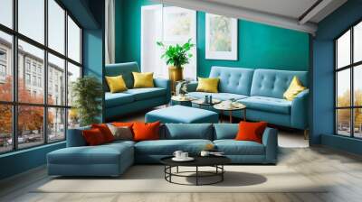 Stylish living room interior idea with green, blue and gold colors Wall mural