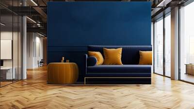 Stylish living room with blue velvet sofa golden side table pouf pillows and elegant decorations Dark blue wallpaper Template with space for copying Wall mural