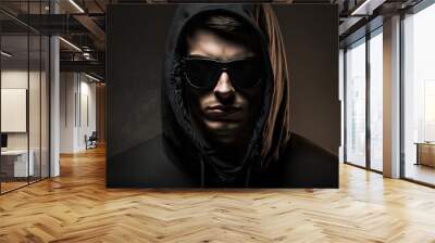 stylish man in dark hoodie with black glasses and mask dark background hacker attacker and bandit. Generative AI Wall mural