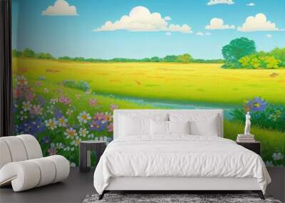 Summer flat landscape. Spring cartoon background. Meadow with flowers in the forest Wall mural