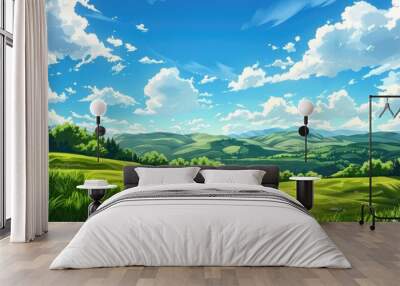 Summer landscape in a hilly region sunny day outdoors with clouds and clear blue sky Wall mural