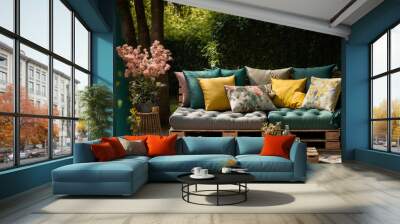 Summer patio or outdoor lounge area with adorable, comfortable pallet furniture and bright cushions. Generative AI Wall mural