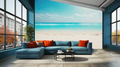 Summer season blur tropical nature clean beach and white sand with sun bright blue sky backdrop. Generative AI Wall mural