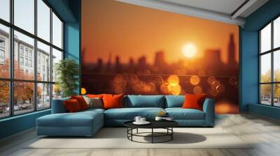 Summer sun blur golden hour hot sky at sunset with city rooftop view in the background fuzzy urban warm bright heat wave lights skyline heatwave bokeh for evening party. Generative AI Wall mural