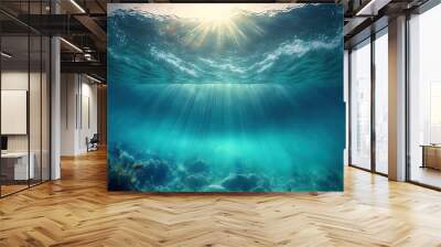 Summertime ocean under the surface in crystal clear water with a surface sunray for background concept design. Generative AI Wall mural