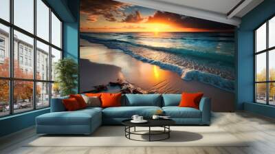 Sunrise on the beach over the tropical sea. Generative AI Wall mural