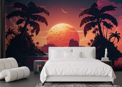 Sunset over a tropical island with palm trees, ocean vista. Generative AI Wall mural