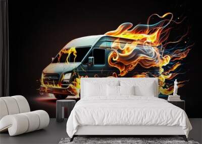 Super fast delivery of package service with van with wheels on fire. Generative AI Wall mural