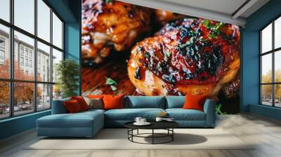 Sweet honey glazed grilled chicken thighs and drumsticks. Wall mural