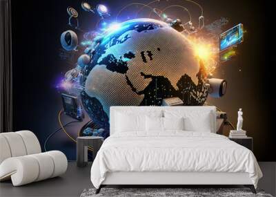 telecommunications technology for online commerce. cryptocurrency, blockchain, and IoT are all part of the global world network and communications on earth. This image's components were provided by NA Wall mural