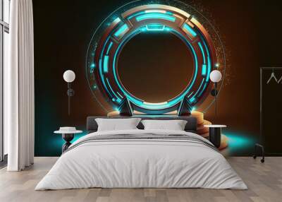 teleport podium in a circle. Stage with holograms and portal neon in the future. Magical science fiction energy in a brilliant swirl frame. Fantasy game magic gate Template for a product stand and dis Wall mural