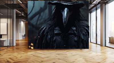 Terrifying Scarecrow sorcerer in a spooky forest with a raven on his gloved hand Halloween horror With copyspace for text Wall mural