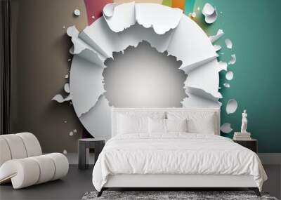 The background for advertisement design media business and the actual image of white paper with a hole punched out through a circle with clipping path are both white sheets of paper with a torn hole i Wall mural