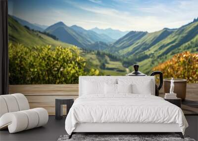 The concept of a vacation, travel, or trip is represented by a teapot placed on a table in the countryside home or homestay, accompanied by a picturesque mountain view in the morning. Wall mural