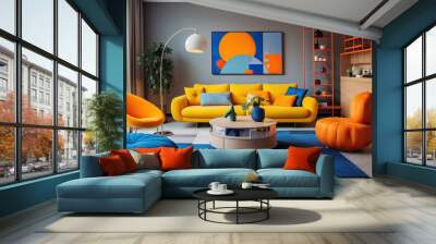 The concept of interior design in the 80s involves an elegant living room with a vintage orange sofa, complemented by blue and yellow armchairs. The bright apartment features an ergonomic couch and a Wall mural