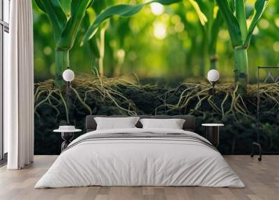 The detailed network of corn roots is a hidden masterpiece that supports the plant's growth in the soil, aided by Environment hud and Agriculture Technology. Wall mural