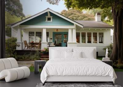 The exterior and interior of a colonial craftsman cottage home features a kitchen with retro style fir floors and doors. Wall mural