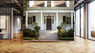 The front door of a southern house with white siding is brown and made of wood. Wall mural